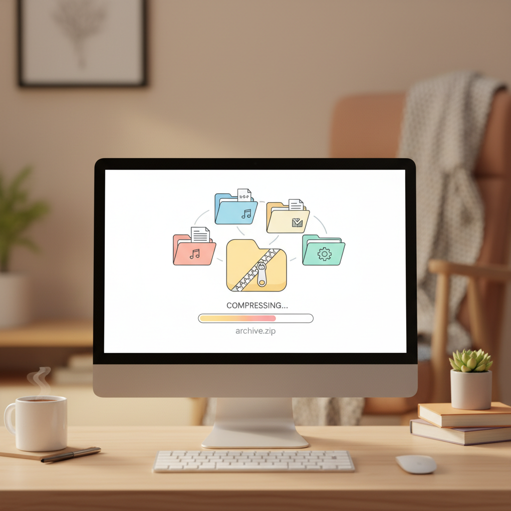 A friendly clean illustration of a desktop computer screen showing various colorful file folders being neatly compressed into a single zip archive, soft pastel colors, warm lighting, modern flat design style, cozy home office background