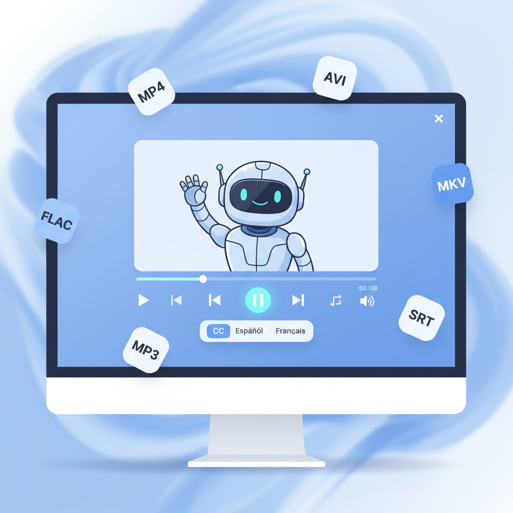 A clean modern media player interface displayed on a desktop monitor, showing video playback controls, subtitle options, and various file format icons floating around, friendly tech illustration style, blue and white color palette