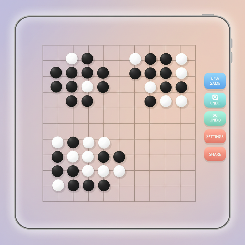 Close-up illustration of a digital Go board interface on a screen, black and white stones placed on the grid, clean user interface with menu buttons on the side, bright and friendly color palette, soft shadows