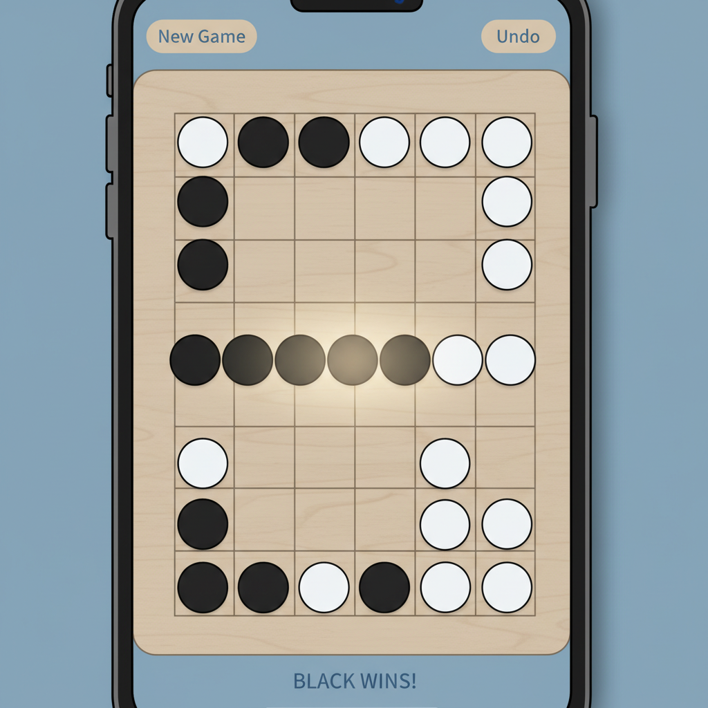 A close-up illustration of a smartphone screen showing a clean Gomoku game interface with a wooden board, neatly placed black and white stones forming a five-in-a-row pattern, soft glowing highlight on the winning line, minimalist UI, calm blue and beige color palette