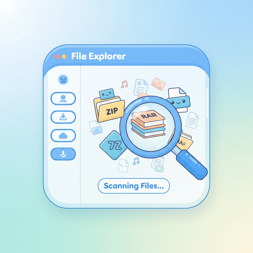 A detailed illustration showing a friendly interface with multiple file format icons like ZIP RAR 7Z floating around, a magnifying glass examining files, bright cheerful colors, clean modern UI design, soft blue and white tones