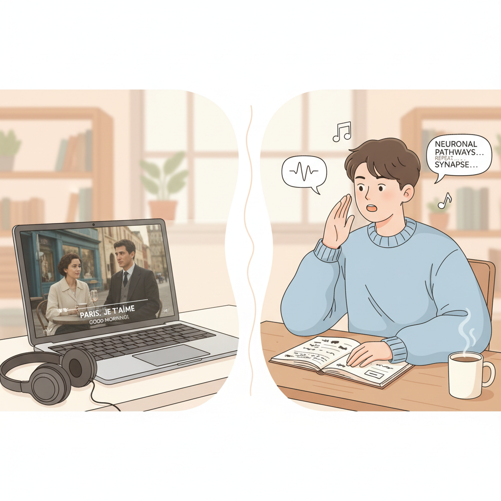 A split illustration showing a laptop playing a foreign film with auto-detected subtitles on one side and a student repeating a lecture segment on the other side, soft educational illustration style, warm pastel colors