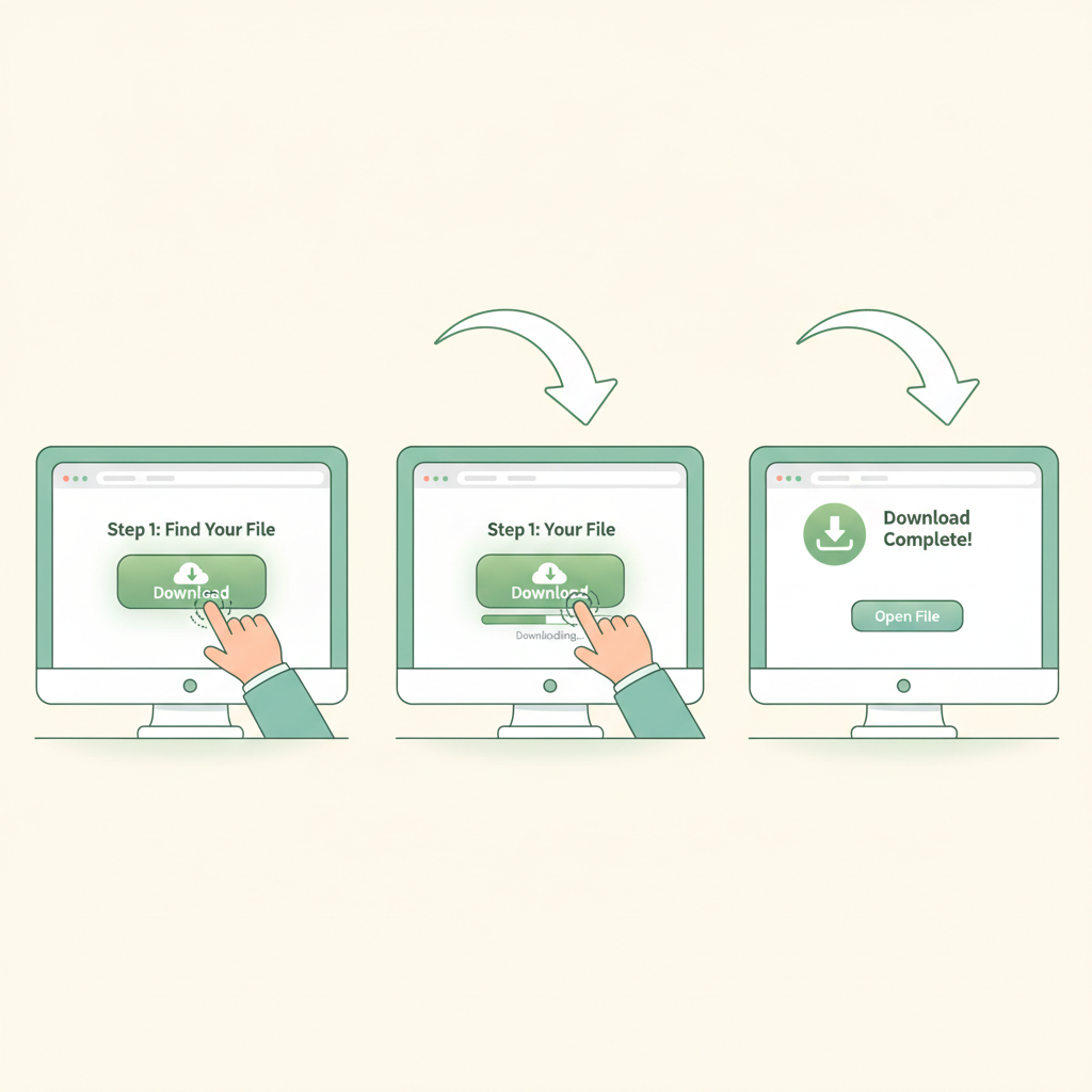 A simple step by step illustration of a person clicking a download button on a website, arrow pointing to a clean download icon, friendly cartoon style, soft green accent colors, bright and approachable mood
