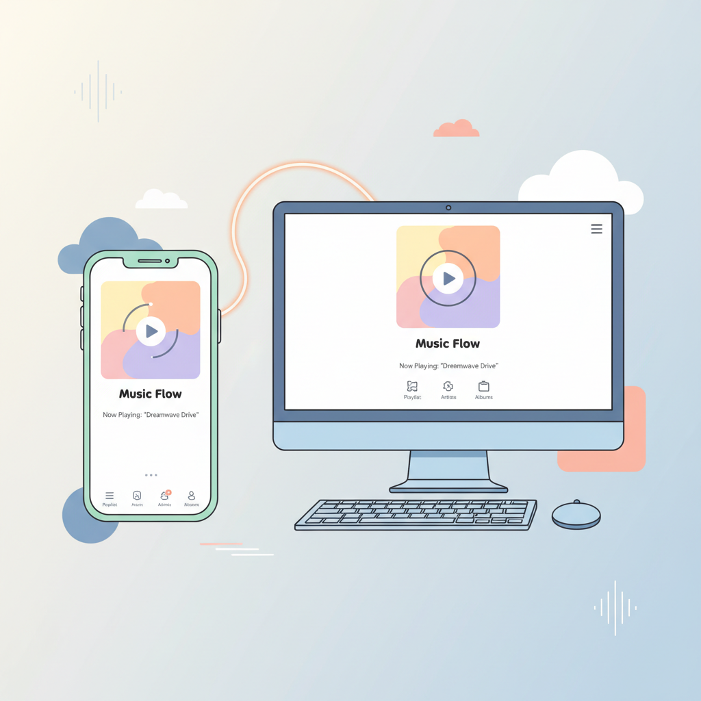 A smartphone and a desktop computer side by side both displaying the same media player app, showing cross-platform compatibility, clean flat design illustration, friendly cheerful colors