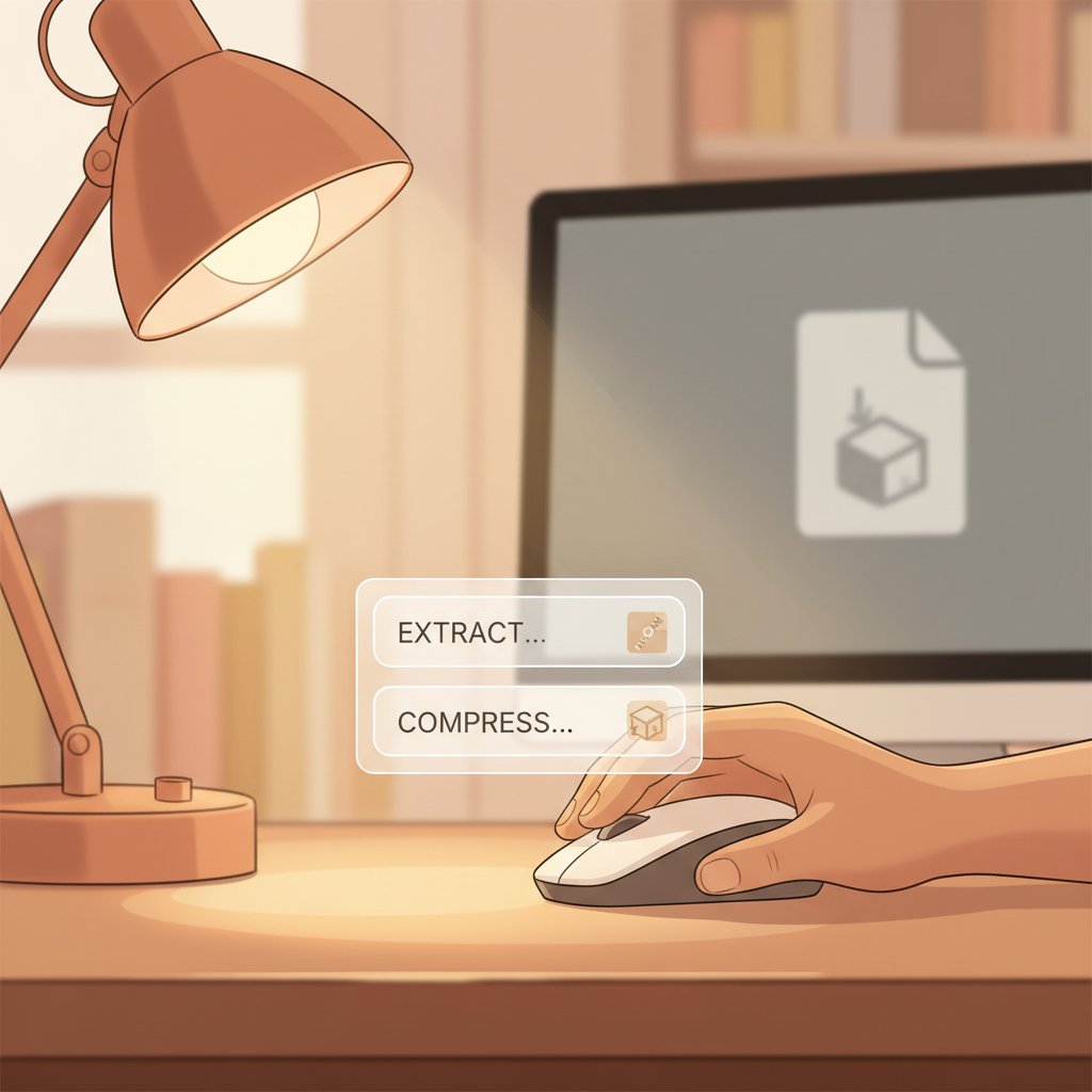 A cozy illustration of hands using a computer mouse with a right click context menu appearing, showing extract and compress options, warm desk lighting, friendly and helpful atmosphere, soft orange tones