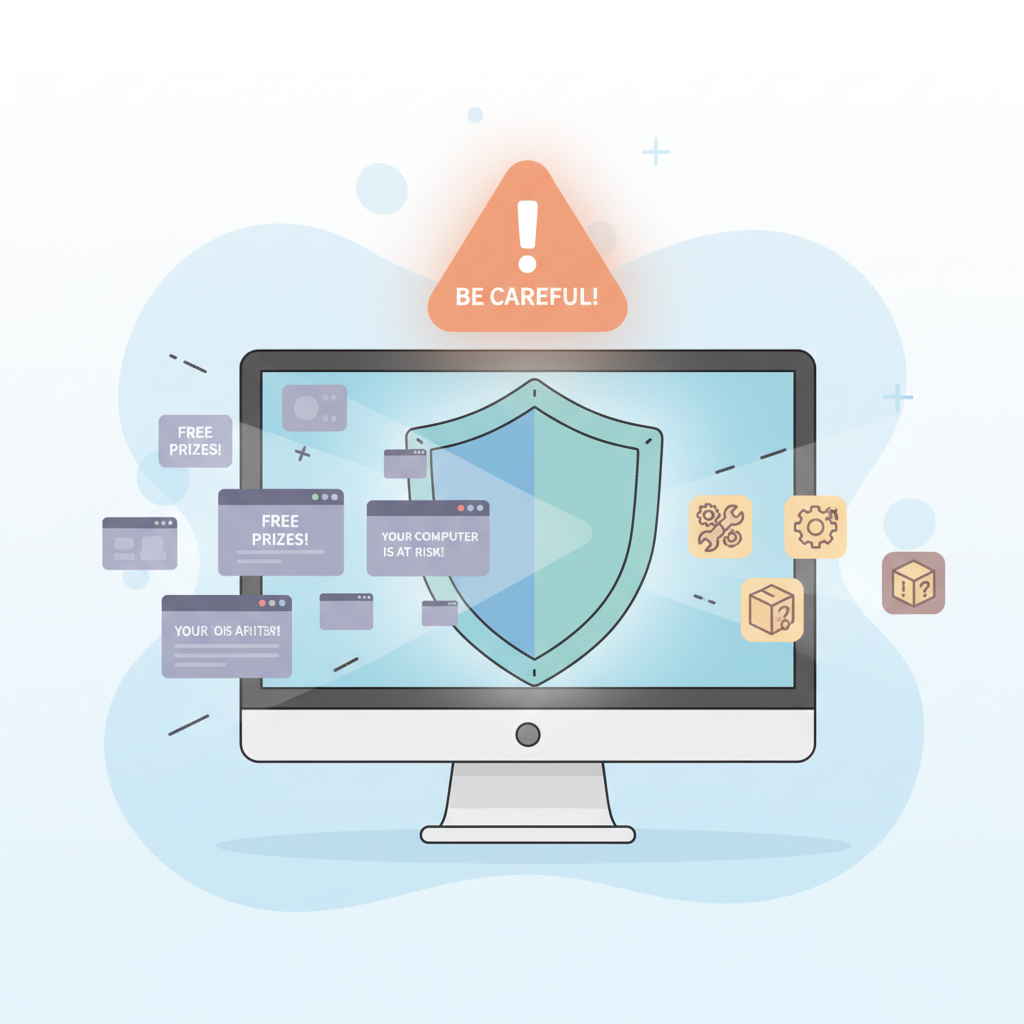 A cautionary illustration showing a shield protecting a computer from suspicious pop-up windows and bundled software icons, warning sign in soft orange, reassuring protective mood, friendly flat design