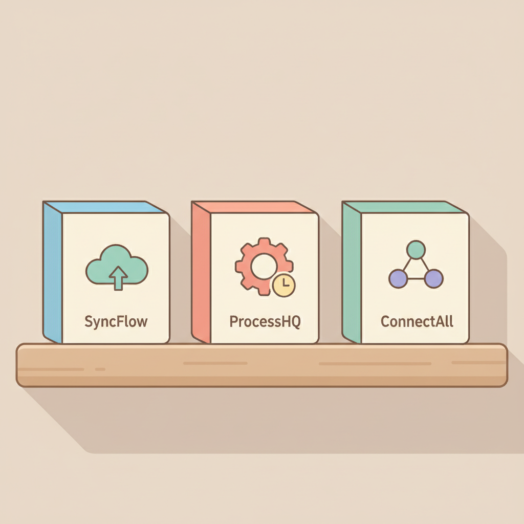 A friendly comparison illustration showing three different software boxes side by side on a shelf, each with simple distinct icons, soft balanced lighting, neutral cheerful palette, clean minimal flat design