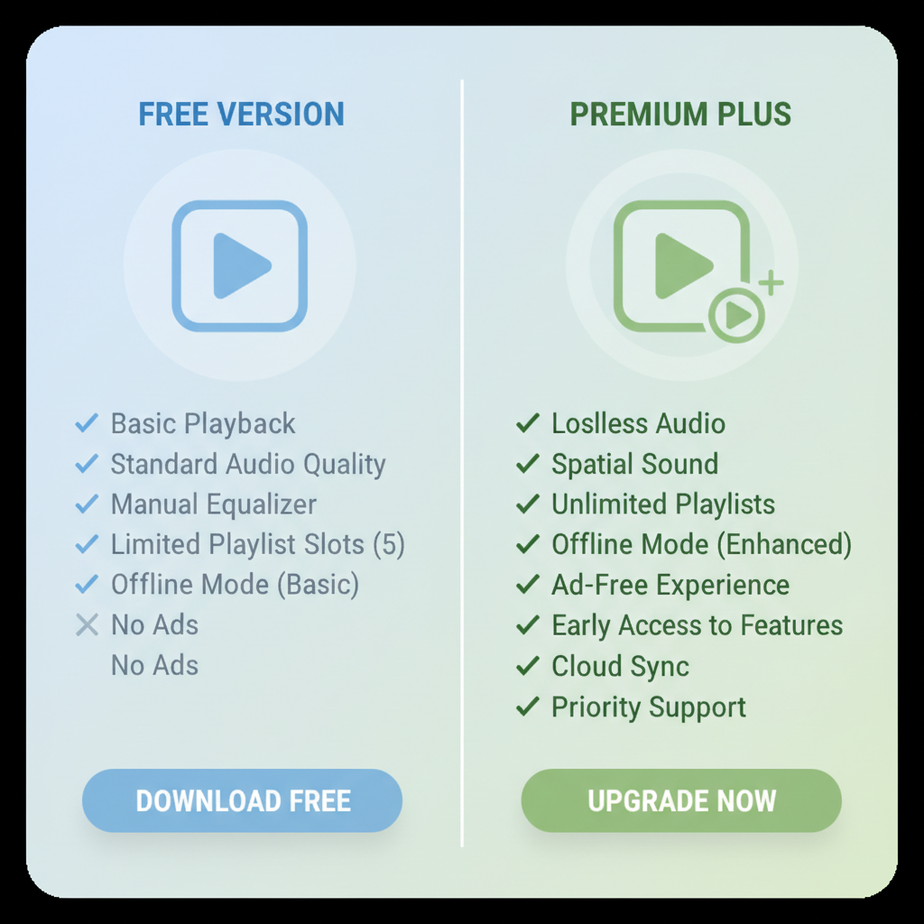 A comparison illustration showing a free version and a premium plus version of a media player side by side, with checkmarks and feature lists, clean infographic style, calm blue and green tones