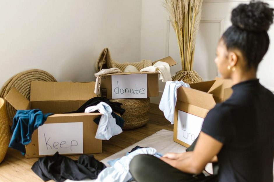 elderly woman sorting household items
