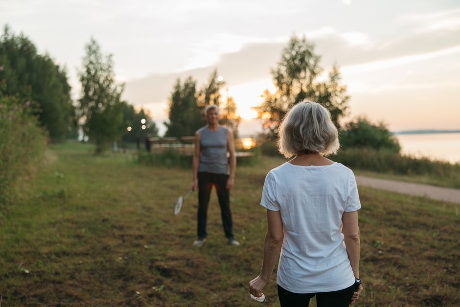 senior couple exercising evening sunset