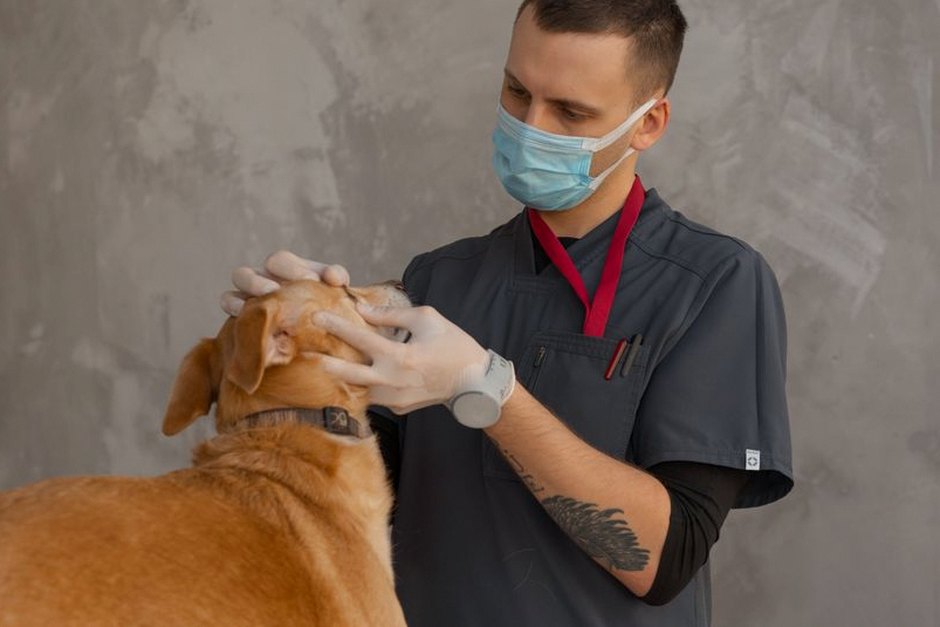 veterinarian checking senior dog health