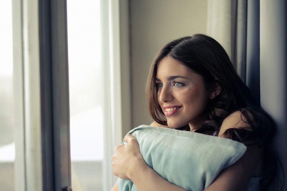 peaceful person relieved smiling home