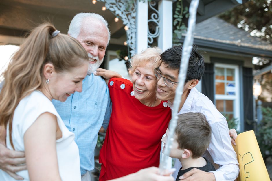 happy korean family elderly parents summer home