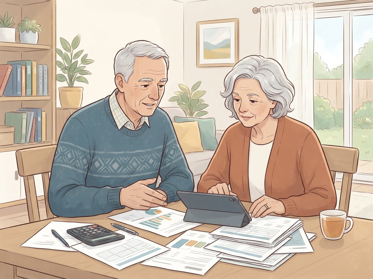 senior couple discussing finances at home