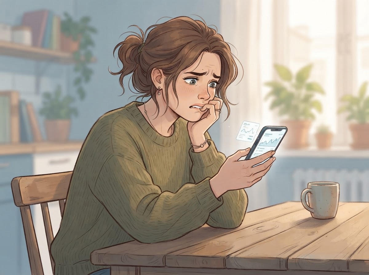 worried person checking bank account phone