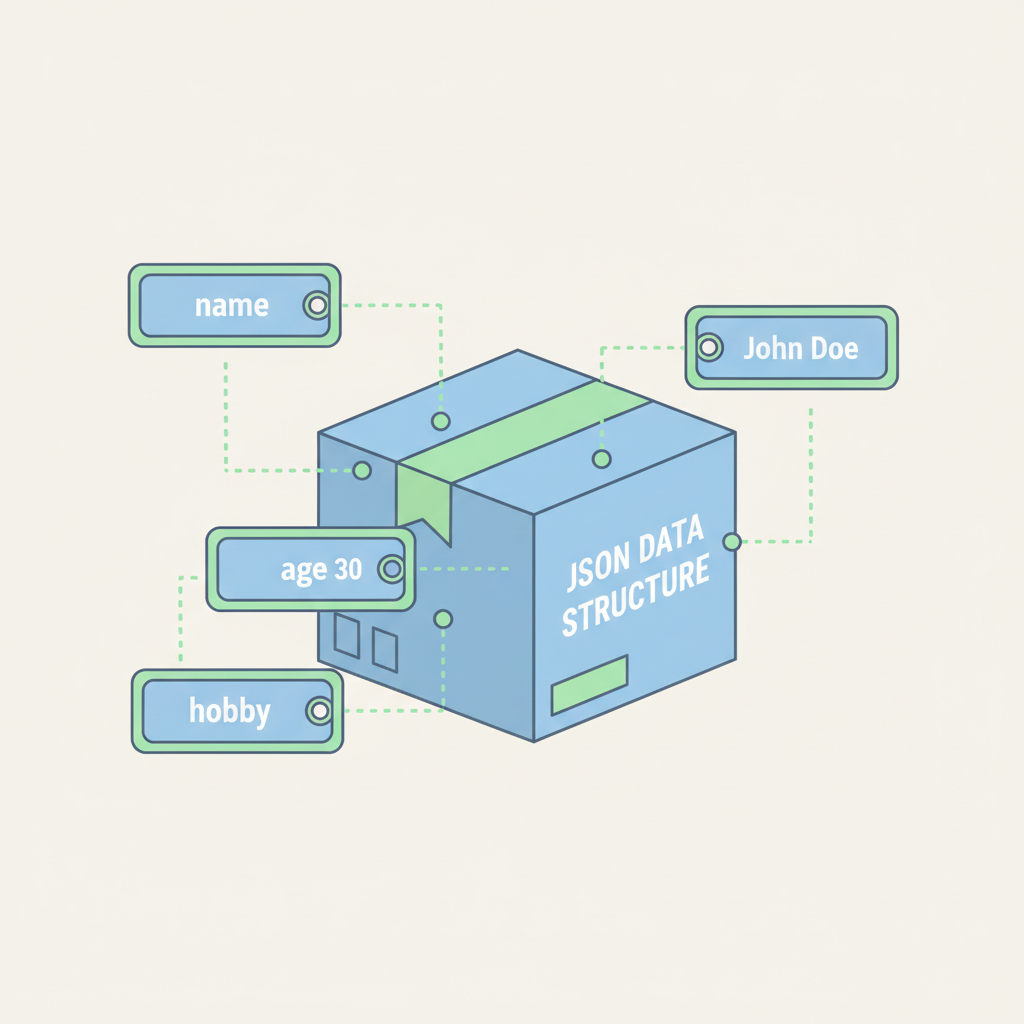 A clean, friendly infographic-style illustration showing a JSON data structure as a labeled shipping box, with tags reading 