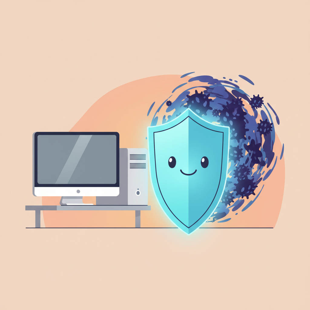 A friendly digital illustration of a glowing blue firewall shield standing between a home computer and swirling dark internet traffic, warm ambient lighting, clean modern flat design style, soft cyan and orange color palette, conveying safety and protection