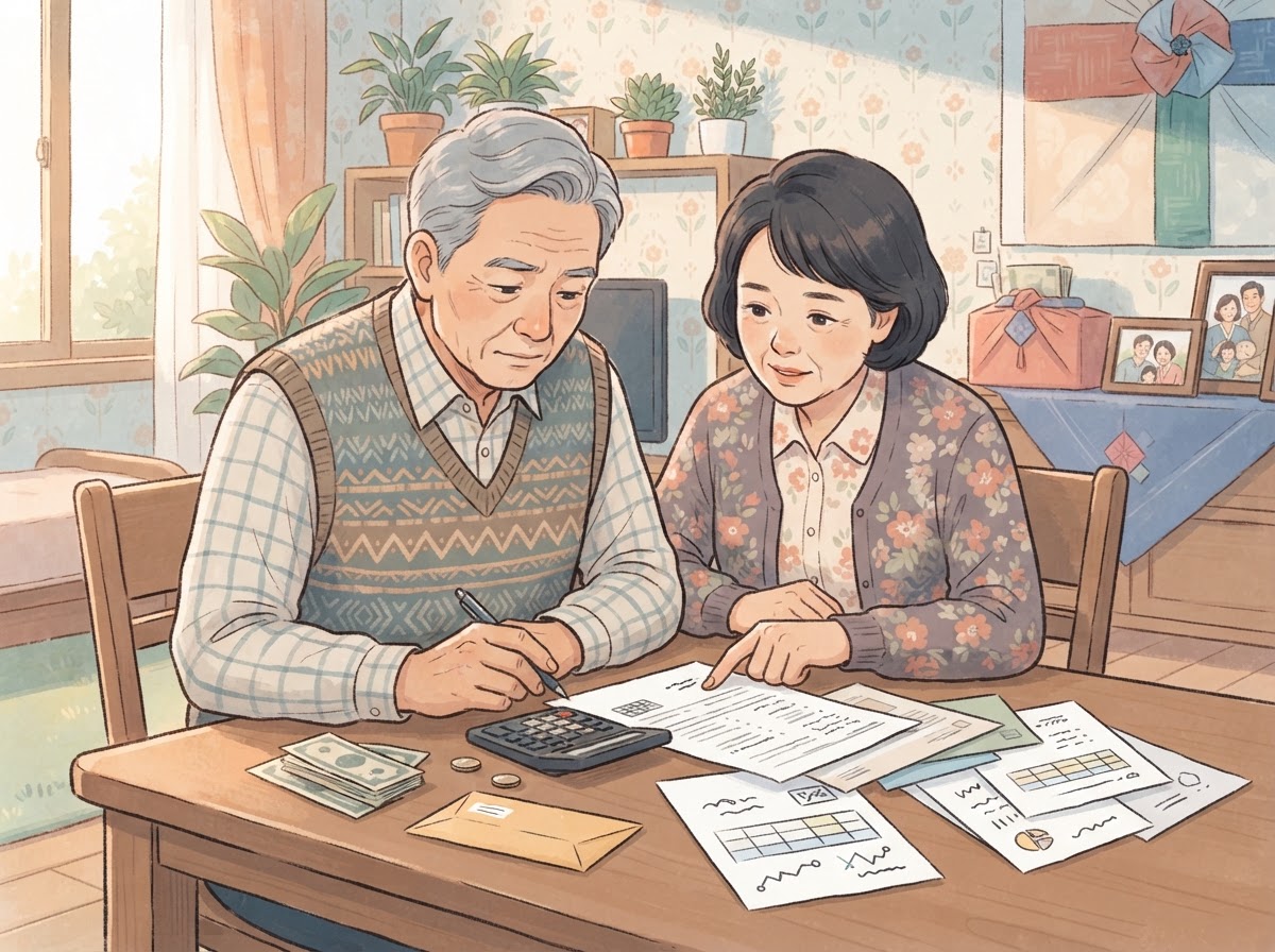 elderly korean couple calculating finances at home