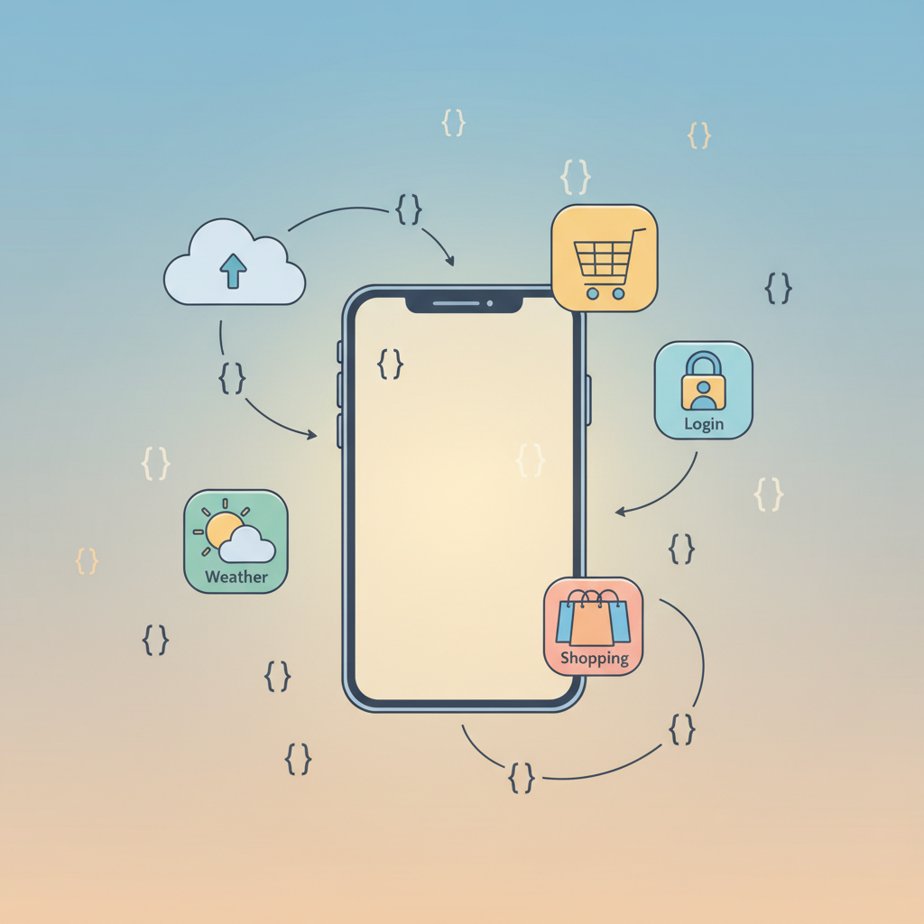 A cheerful digital illustration of a smartphone in the center with weather, shopping, and login app icons floating around it, tiny data packets shaped like curly braces flying between a cloud server and the phone, warm golden lighting, modern flat vector style, vibrant but soft color palette