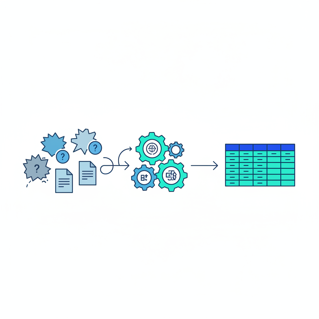 A clean modern flat-style illustration of the Power Query concept, showing multiple messy data files on the left flowing through a gear-shaped processing machine in the center, coming out as one neat organized table on the right, bright teal and blue color palette, minimalist infographic style, white background