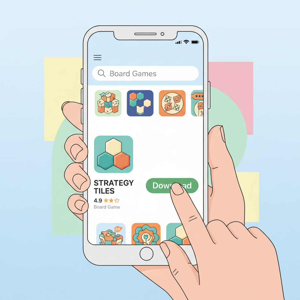 A clean smartphone screen displaying an app store search result for a board game, finger about to tap the green download button, bright and modern flat design, friendly tech tutorial style