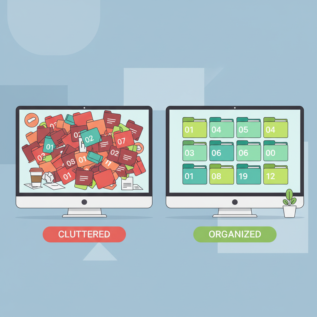 A clean digital illustration comparing two computer desktops side by side, left side cluttered with messy random file icons in red tones, right side neat with organized numbered folders in green tones, flat modern design style, clear visual contrast, bright and cheerful