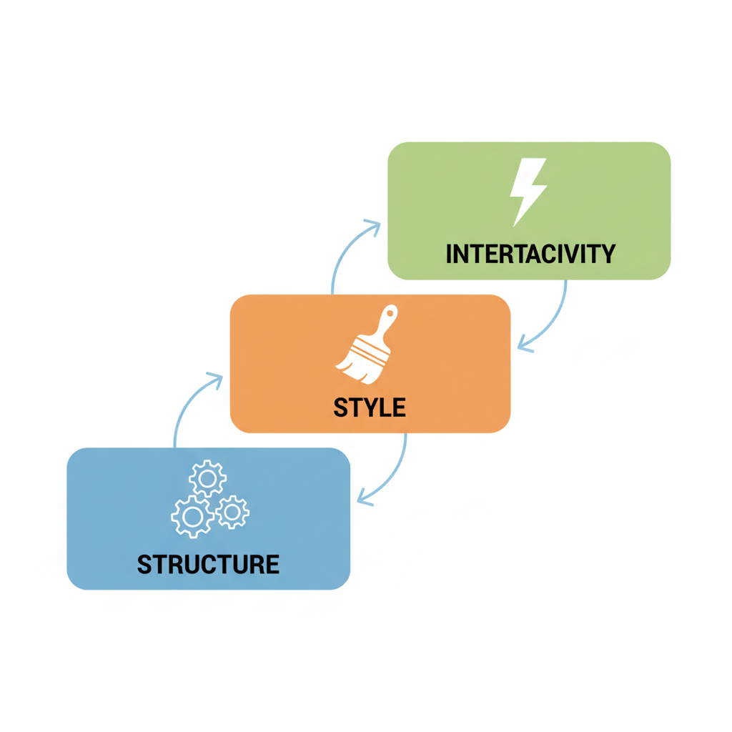 A clean flat-style infographic showing three ascending building blocks labeled with simple icons, first block for structure, second for style with a paint brush, third for interactivity with a lightning bolt, minimal modern design, bright friendly colors of blue orange and green, white background