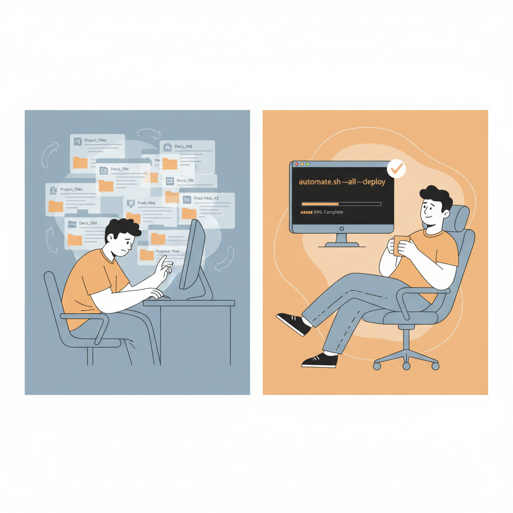A split-screen illustration comparing two workflows: on the left a person clicking through many folder windows looking tired, on the right the same person relaxed while a single line of terminal text does the work, flat modern illustration style, soft blue and orange color palette