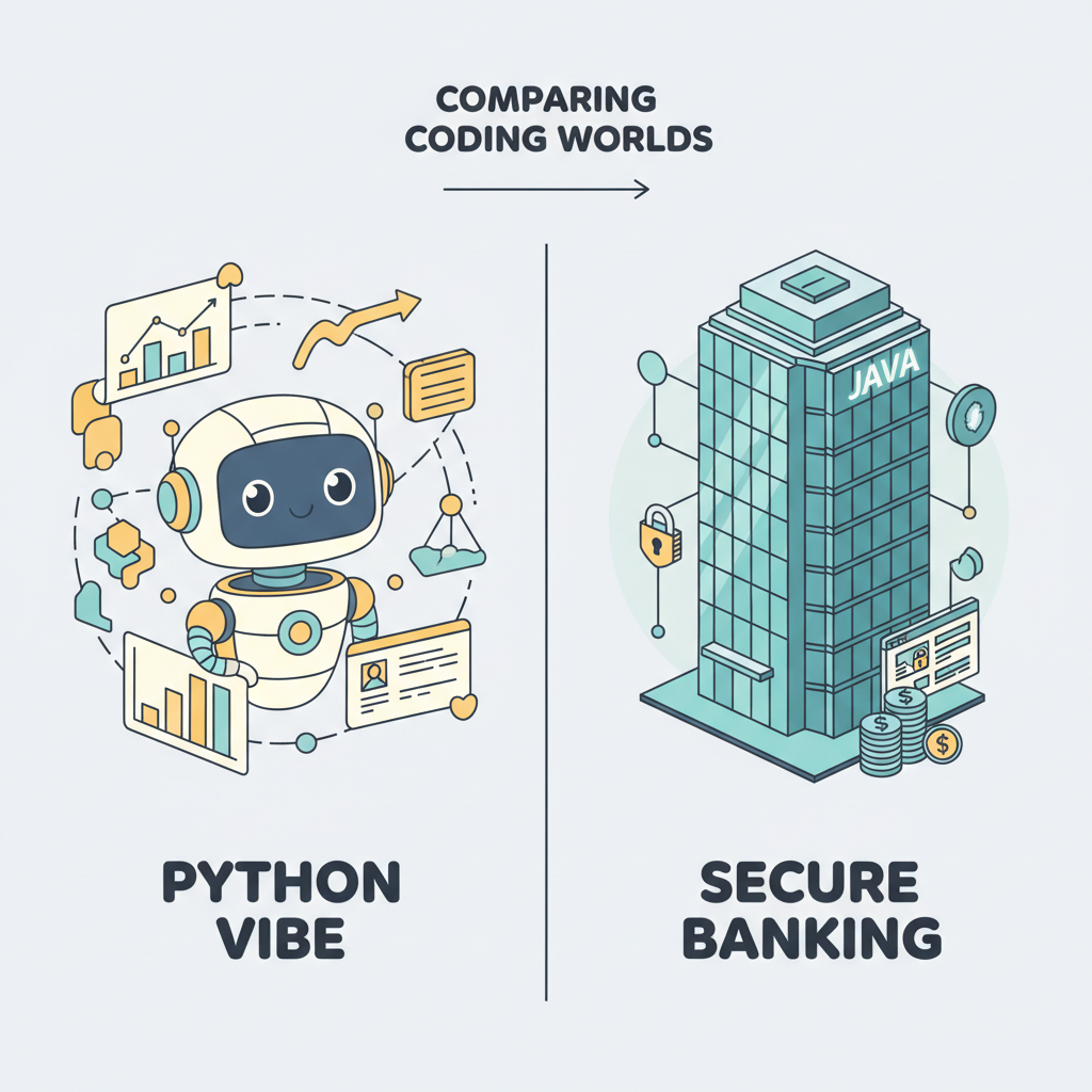A clean modern infographic-style illustration comparing two coding worlds side by side — left side shows a bright playful AI robot and data charts labeled with Python vibe in warm yellow tones, right side shows a solid glass office skyscraper and secure banking icons in cool blue Java tones, flat vector style, balanced composition, professional yet approachable