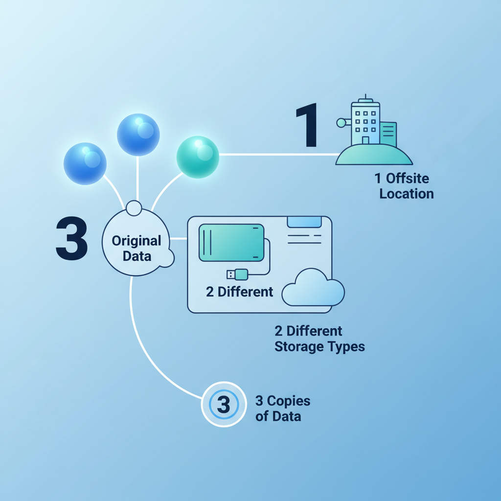 A clean infographic-style illustration showing the 3-2-1 backup rule, three glowing data copies flowing into two different storage types like an external drive and a cloud, with one copy traveling to a separate offsite location, blue and teal color palette, minimalist flat design, bright and clear