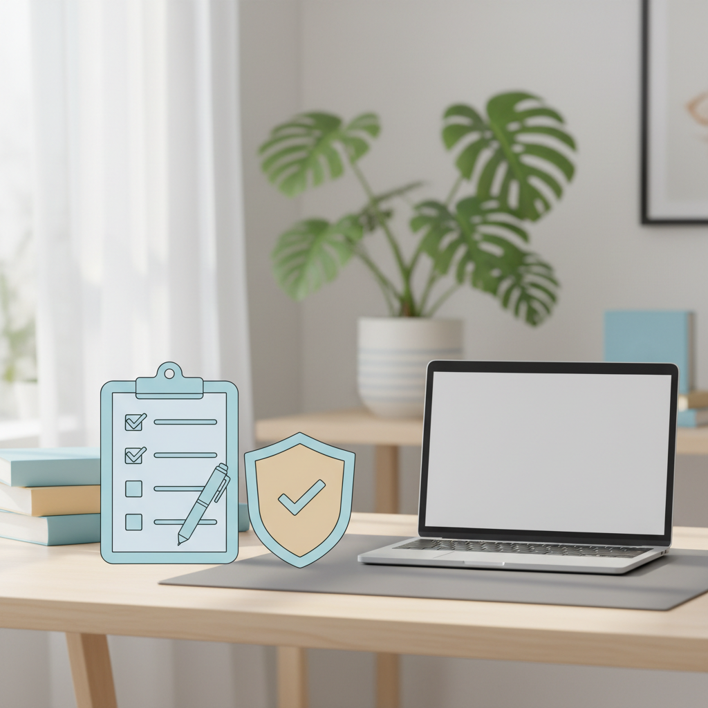 A clean minimalist illustration of a checklist and a shield icon on a desk beside a laptop, soft natural window light, cozy home office atmosphere, pastel blue and warm beige tones, flat vector style, conveying careful and organized security setup