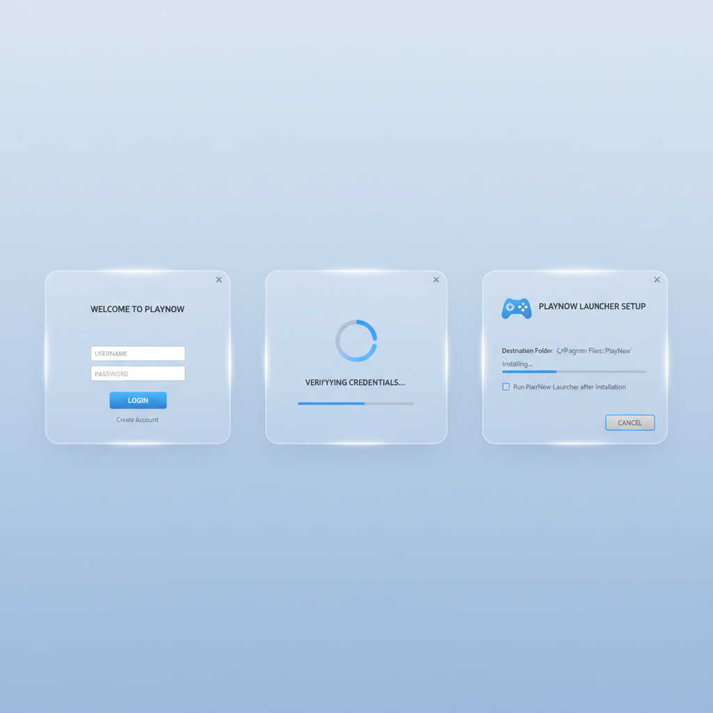 Clean illustration of a step-by-step download process on a Windows computer screen, showing a login screen transitioning to a game launcher installation window, bright and friendly UI design, soft blue color palette, minimalist style