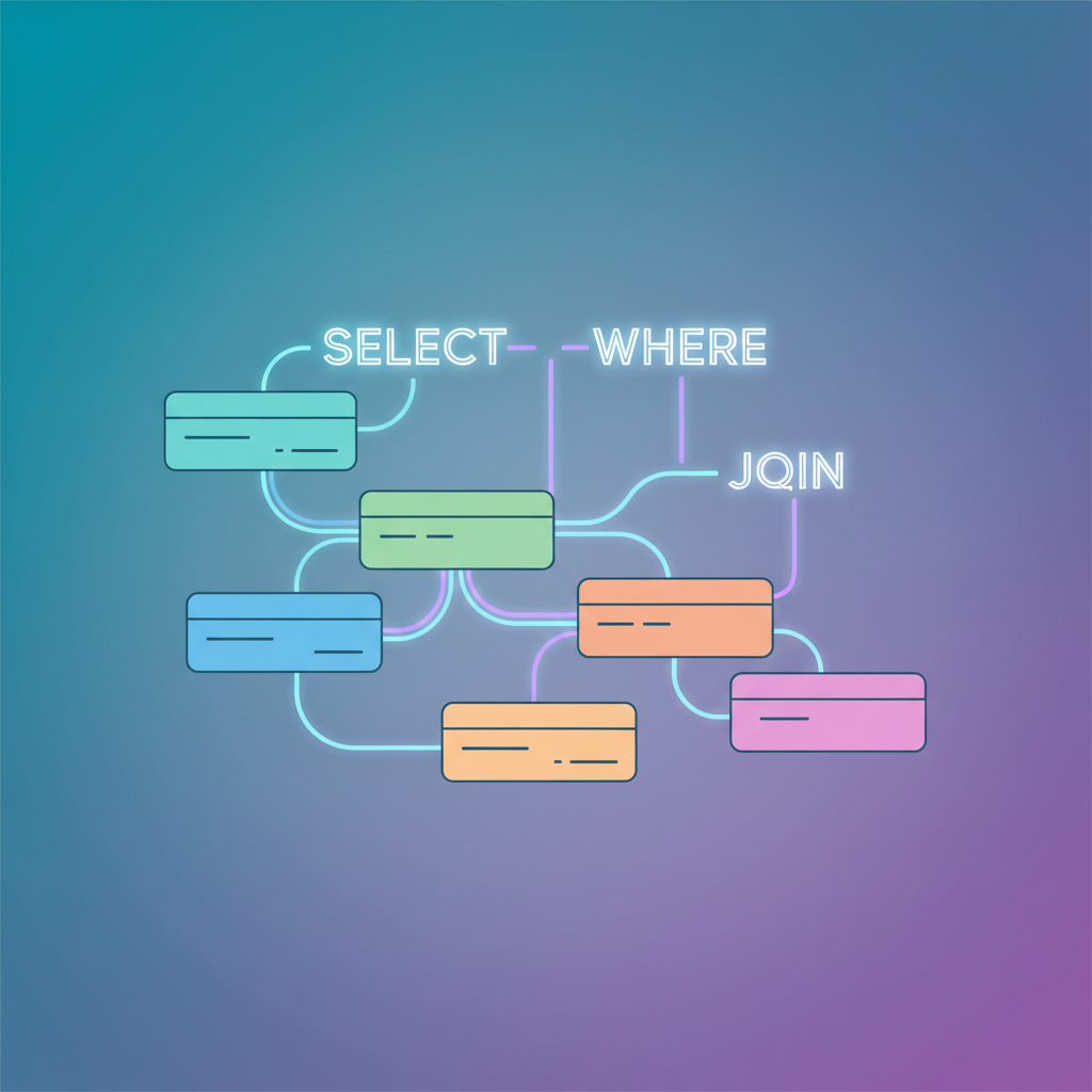 A clean illustration of colorful database tables connected by glowing lines, with simple SQL keywords SELECT WHERE JOIN floating above them, minimalist tech style, teal and purple gradient background, soft glow, educational infographic feel