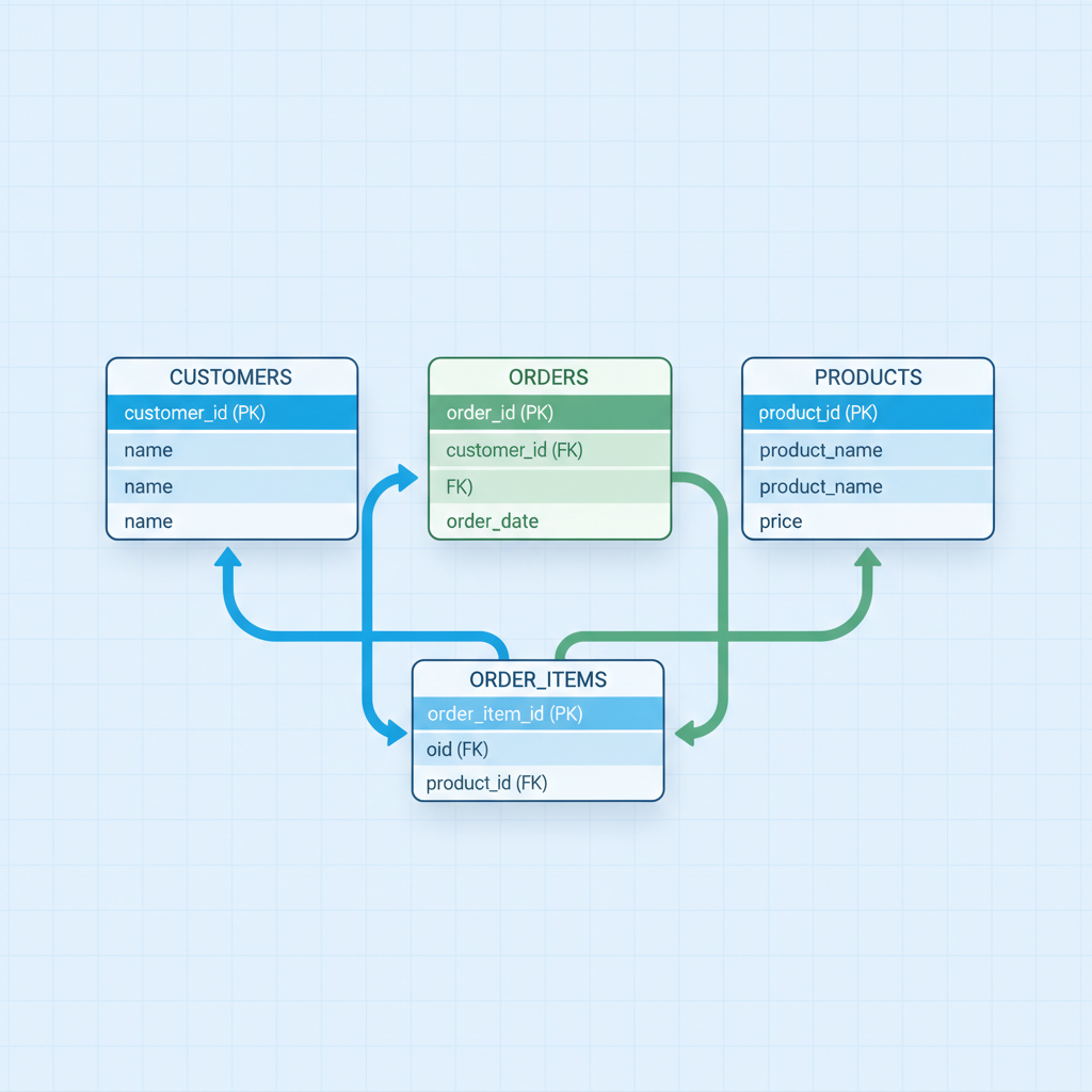 A clean diagram-style illustration showing three connected tables with lines linking primary keys and foreign keys, bright blue and green tones, minimalist flat design, soft shadows, educational infographic look