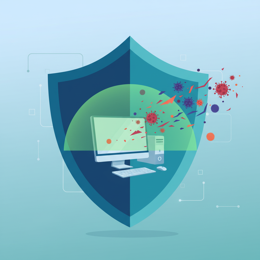 A clean digital illustration of a shield protecting a computer from incoming virus particles and red malware symbols, glowing green protective barrier, modern flat design, blue and teal color palette, sense of safety and security