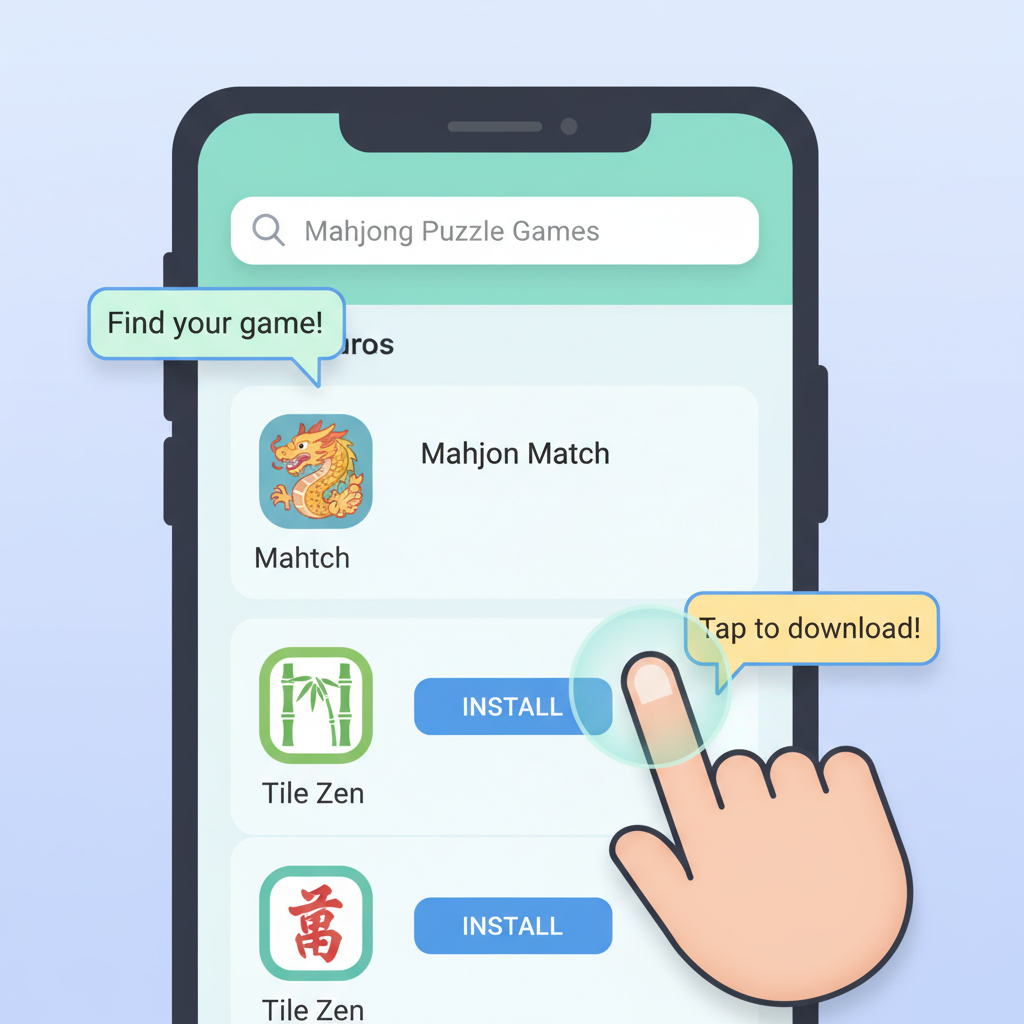 A clean illustration of a smartphone screen showing an app store search results page with several mahjong puzzle game icons, finger about to tap the install button, bright and modern UI design, friendly tutorial style