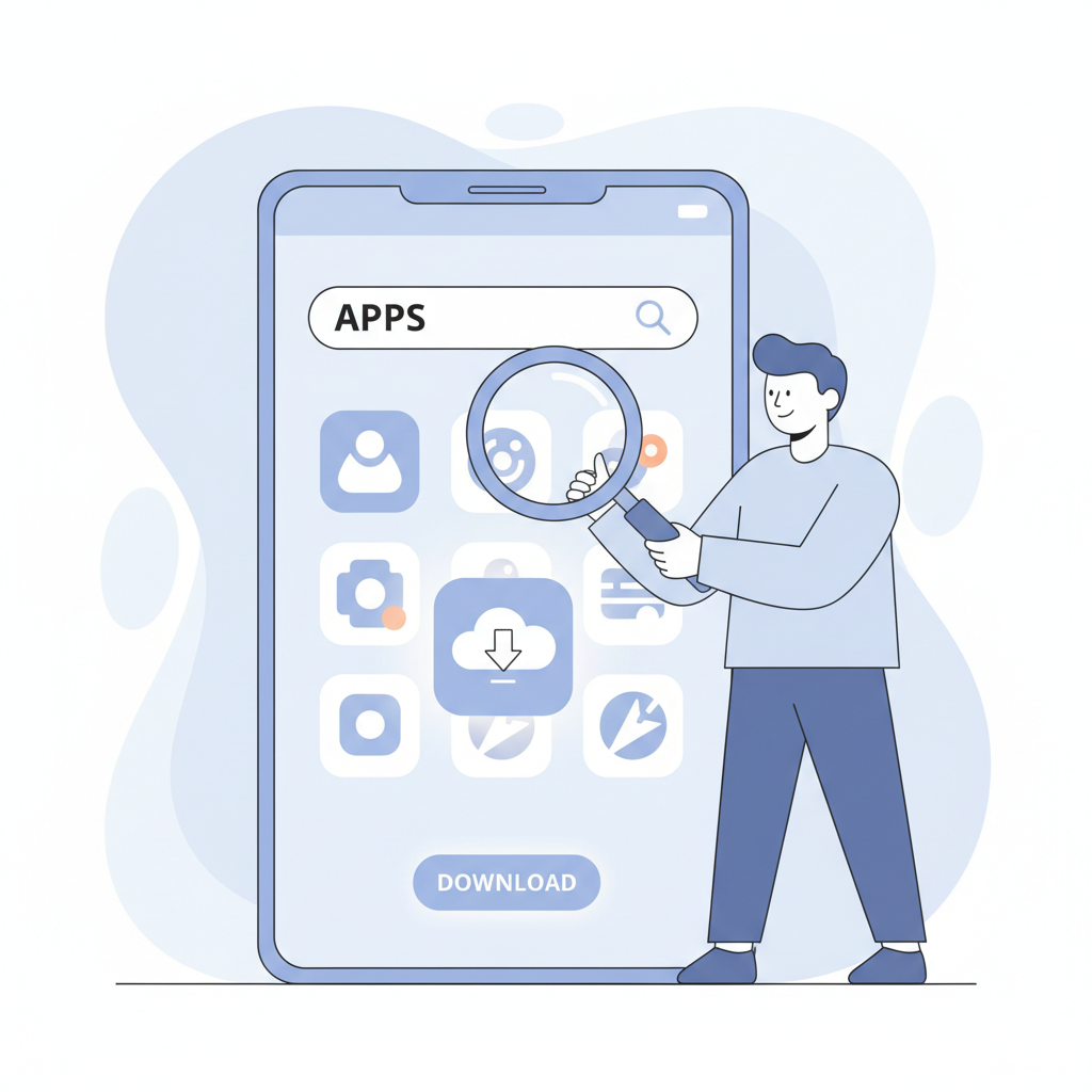 A clean illustration of a person searching for an app on a smartphone app store, magnifying glass icon, download button glowing softly, bright friendly interface, modern flat design style with soft blue and white tones