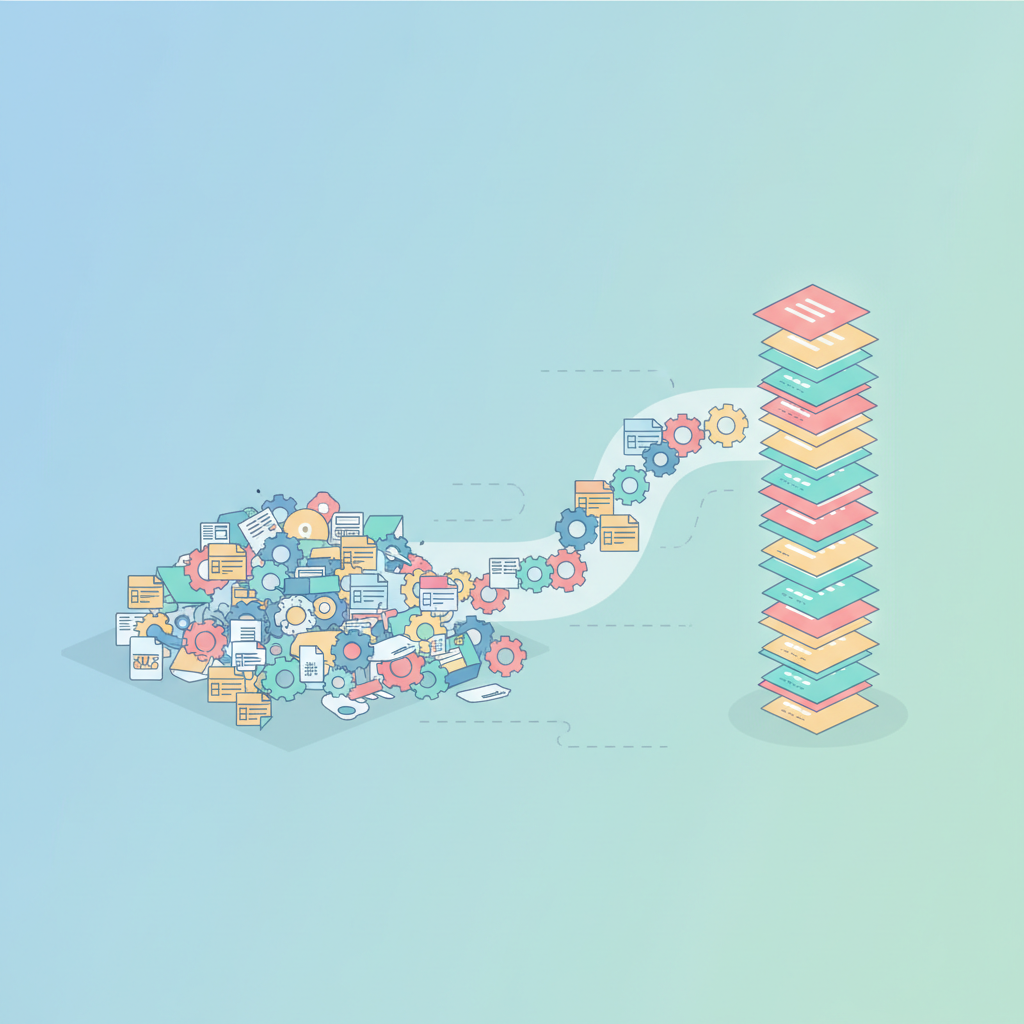 A friendly flat-style illustration showing gears and file icons flowing automatically from a messy pile into a neat organized stack, bright pastel colors, clean minimal background, concept of automation and efficiency