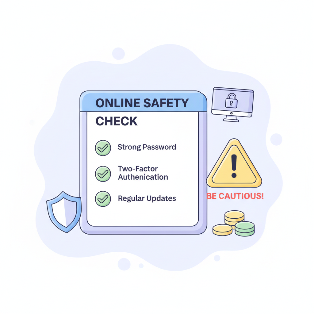 A warm friendly infographic-style scene showing a checklist with green checkmarks and a warning sign, surrounded by small icons of a shield, a coin, and a computer, soft pastel colors, reassuring and helpful mood