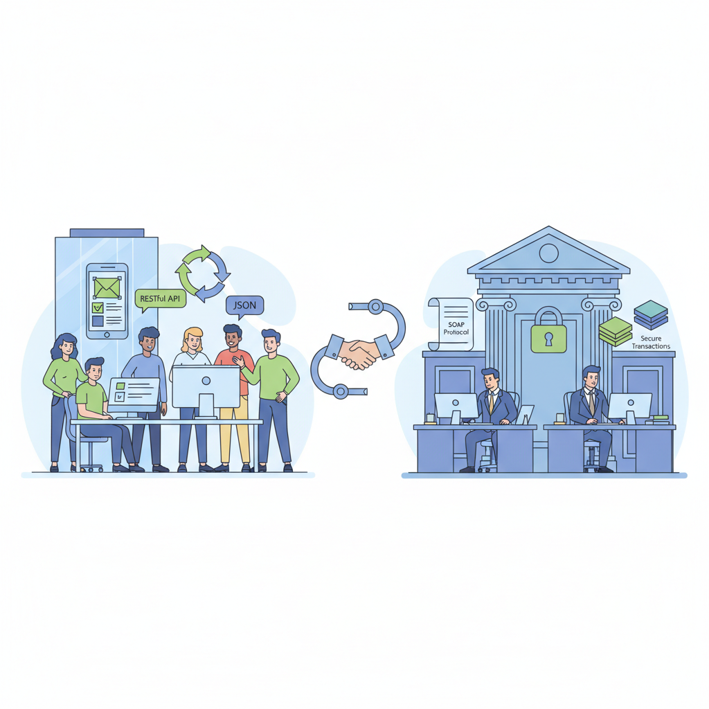 A split scene illustration showing a modern startup building sleek mobile apps using REST on one side and a large traditional bank office using SOAP for secure transactions on the other side, balanced composition, professional yet friendly flat design style, blue and green tones, clear bright lighting