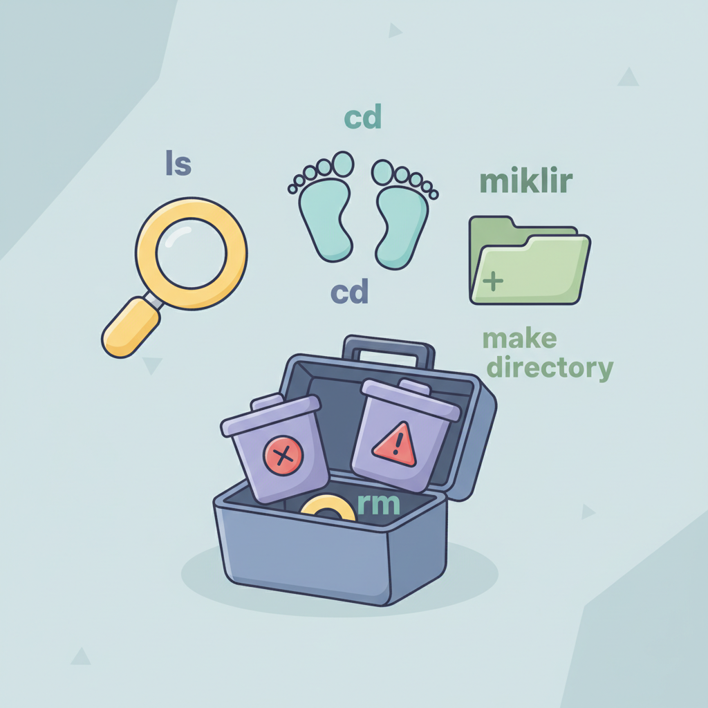 A friendly cartoon-style diagram showing basic terminal commands as labeled toolbox items — a magnifying glass for ls, footprints for cd, a folder icon for mkdir, a trash bin with a warning sign for rm, clean minimal design, pastel colors, educational infographic style