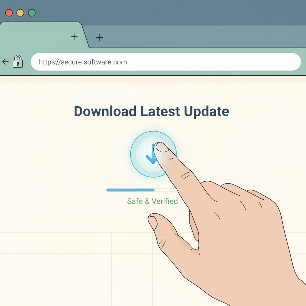 A close-up illustration of a hand clicking a clear blue download button on a clean official website interface, browser window with security padlock icon visible, bright and trustworthy mood, minimalist UI design