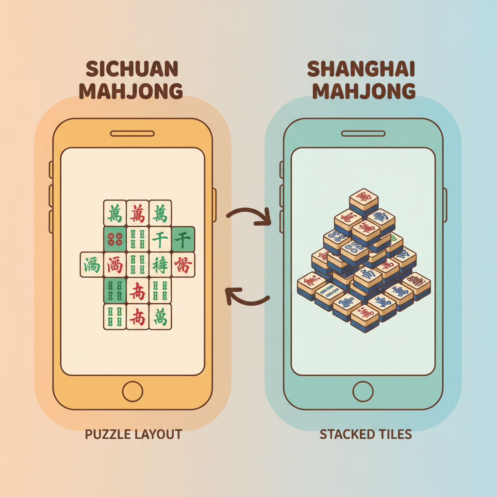 A warm illustration showing two stylized smartphones side by side, one displaying flat Sichuan mahjong puzzle and the other showing stacked Shanghai mahjong tiles, comparison layout, soft gradient background, cheerful and informative tone