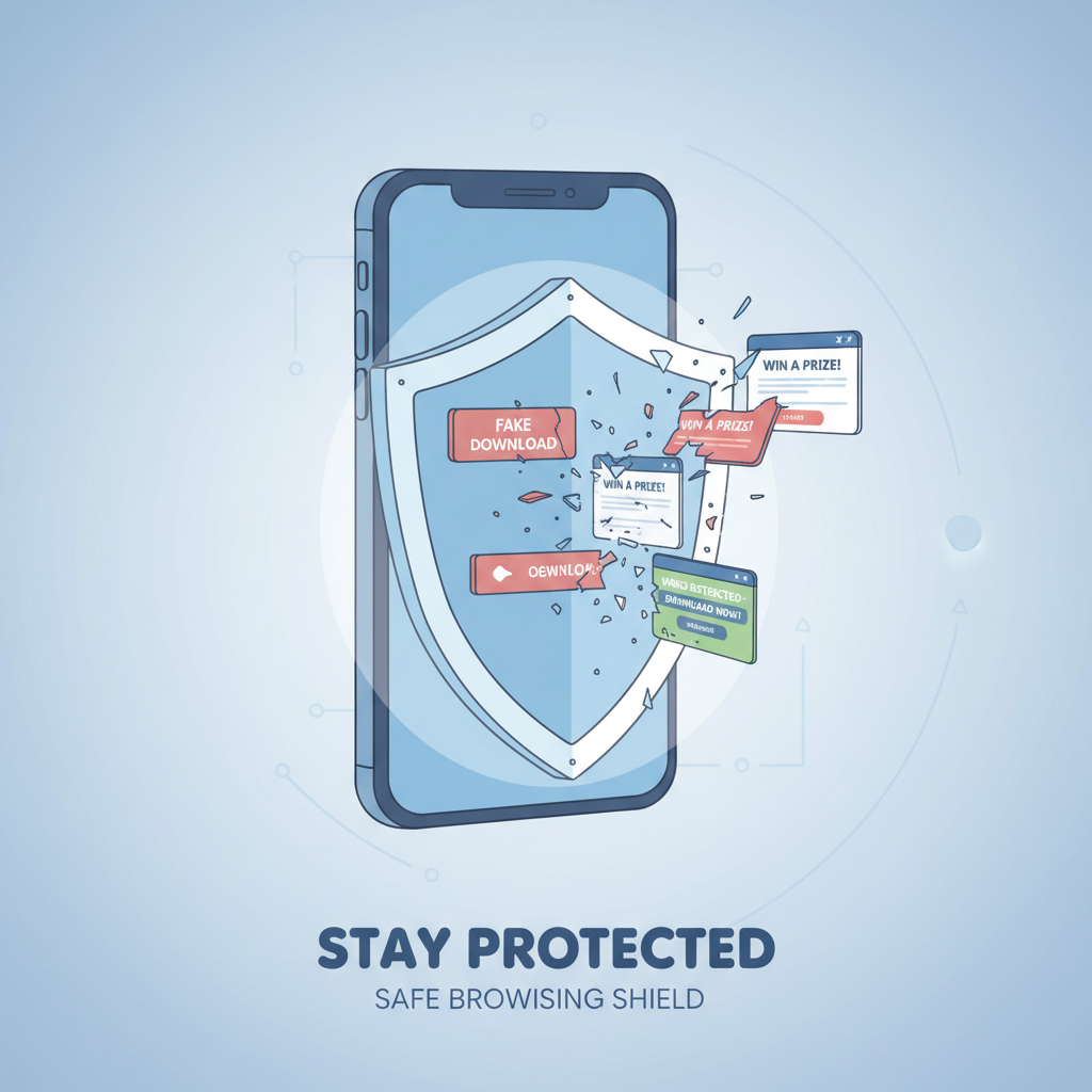 A warning concept illustration showing a shield protecting a smartphone from suspicious fake download links and pop-up ads, clean safety-themed composition, blue and white tones, reassuring and clear visual style