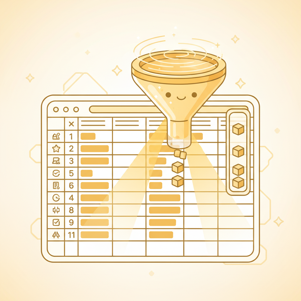 A friendly illustration of a large data table with a magical funnel filtering out only the highlighted rows, glowing golden selected rows dropping neatly into a small clean output list beside it, soft warm lighting, playful modern vector art style, cream and gold color tones
