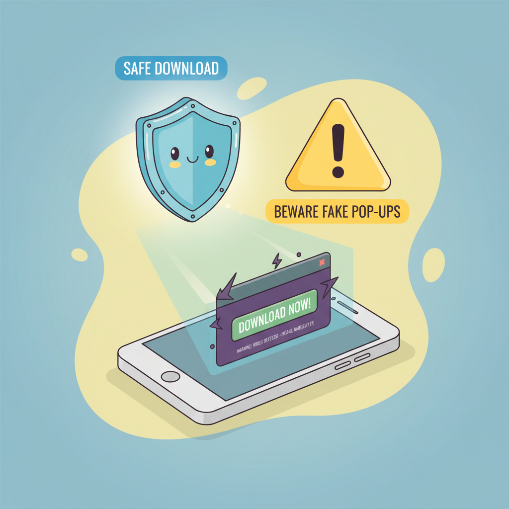 A friendly cartoon shield icon glowing softly next to a warning sign, protecting a smartphone from a shady fake download pop-up, clean educational infographic style, soft blue and yellow tones