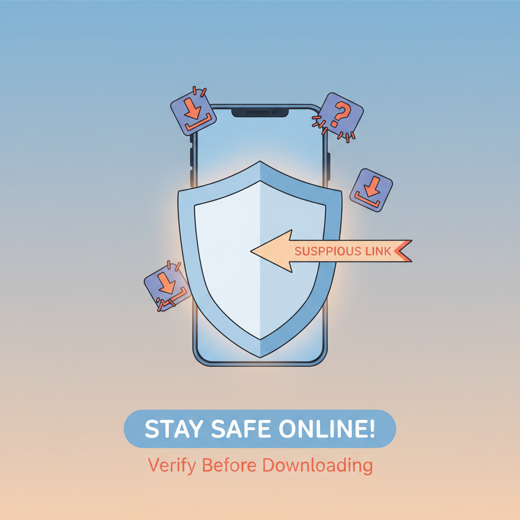 A friendly warning illustration showing a shield icon protecting a smartphone from suspicious download links, clean flat design style, soft blue and orange tones, reassuring and helpful mood, simple clear composition