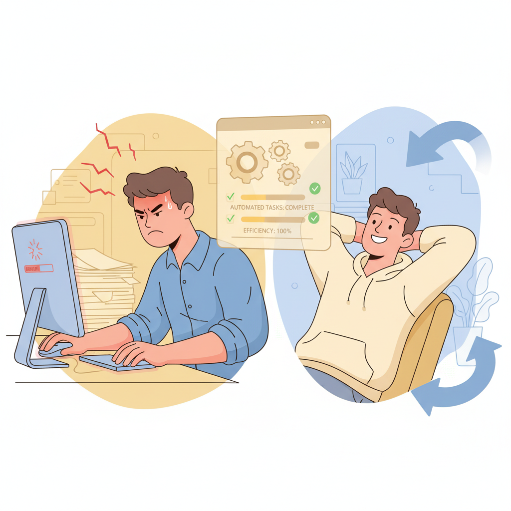 A friendly split-scene illustration showing a frustrated person clicking a mouse repeatedly on one side, and a relaxed smiling person watching automated tasks complete on a glowing screen on the other side, warm colors, clean modern flat style, sense of relief and efficiency