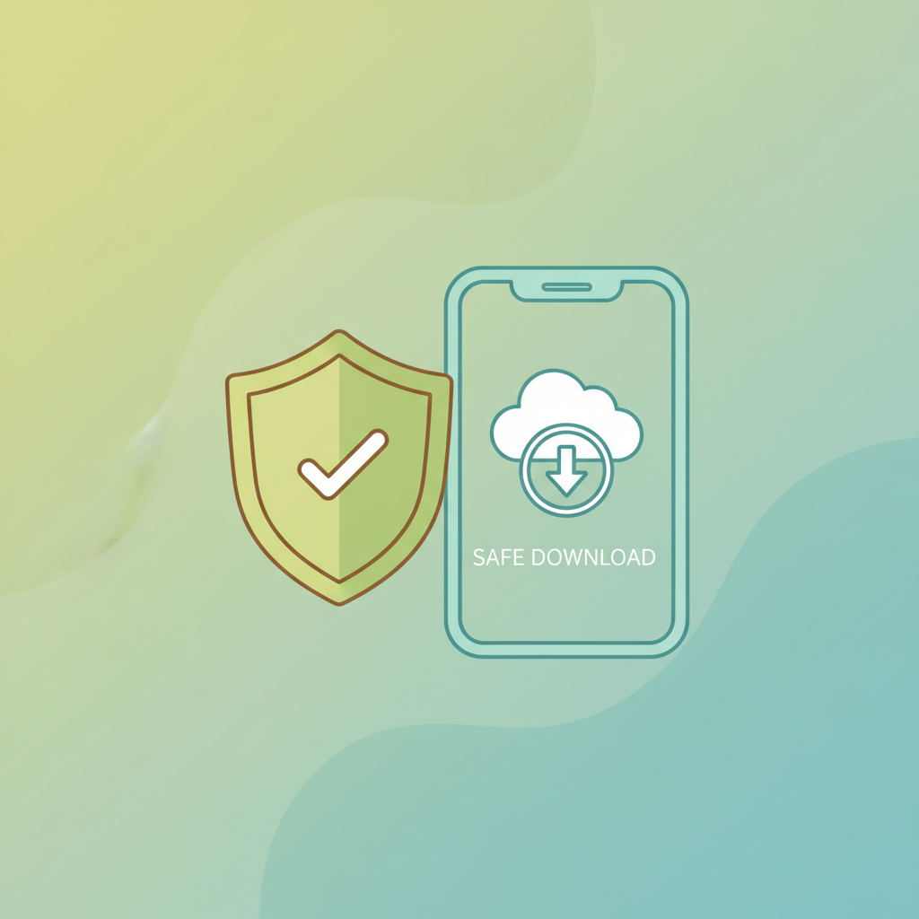 A friendly shield icon and a smartphone side by side on a soft gradient background, symbolizing safe app download and security, warm green and teal tones, simple flat vector illustration, reassuring and clean mood