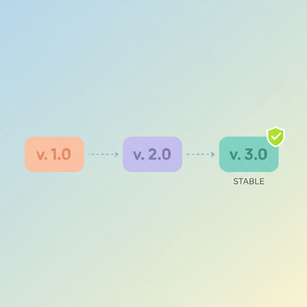 A clean and simple visual timeline illustration showing three friendly version boxes in a row labeled with abstract numbers, connected by an arrow moving forward, one box highlighted with a green checkmark and shield icon representing stability, minimalist infographic style, soft pastel background